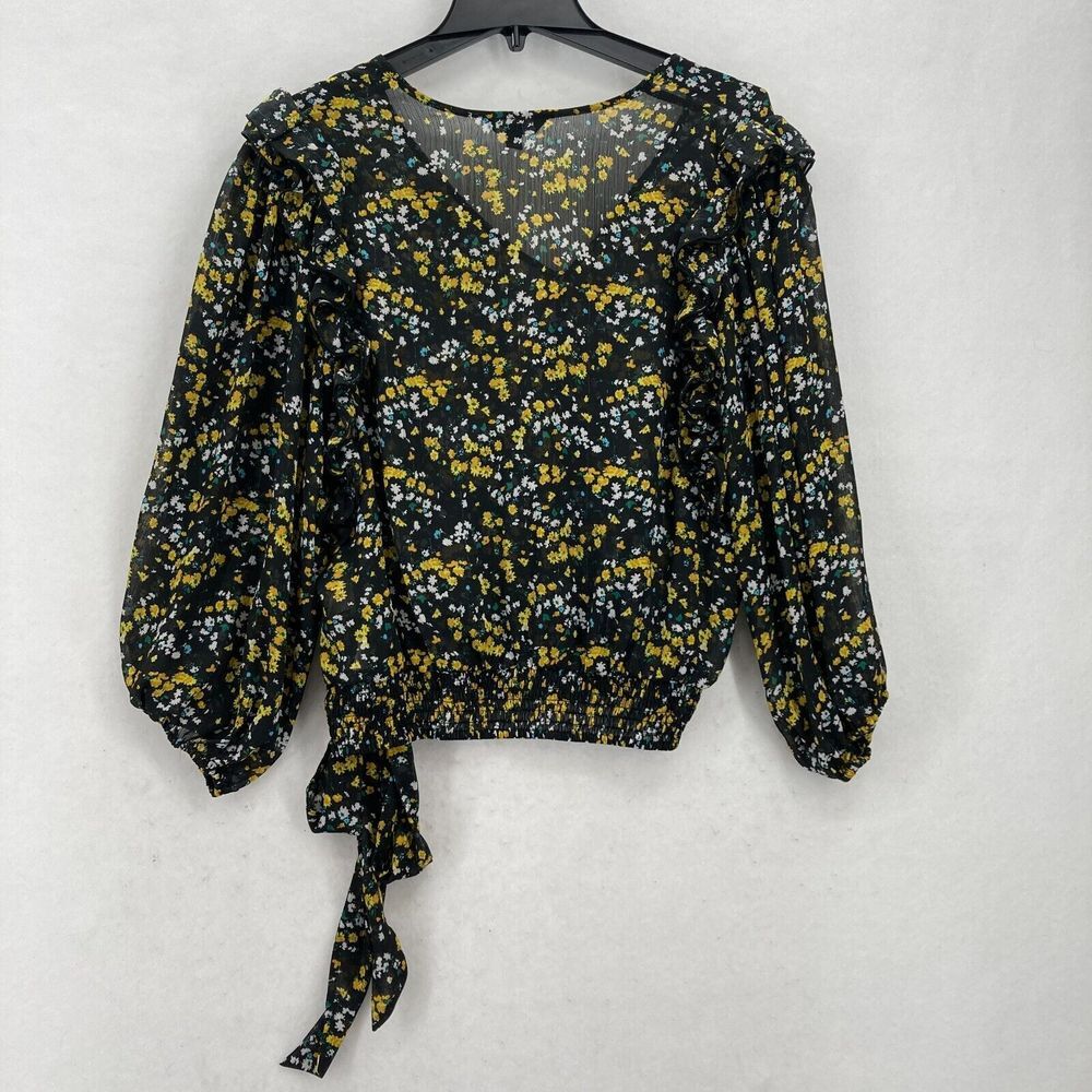 Express Women's Floral Wrap Blouse Large Black Yellow Bishop Sleeve Tie‎ Waist - Picture 11 of 13